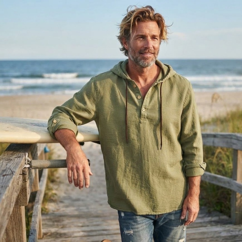 Ouku Linen Blend Hooded Henley Shirt Mens Large Green Long Sleeve Earthy Travel